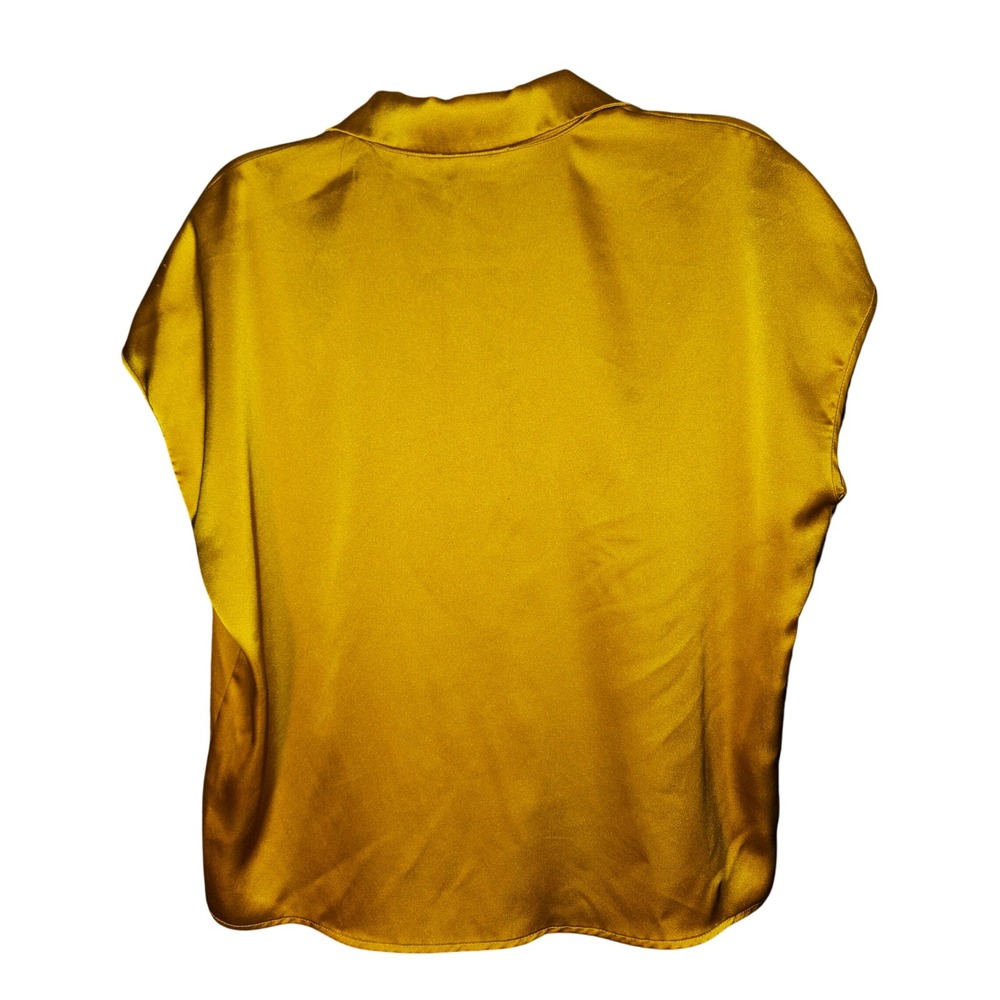 Rachel Zoe Mustard Gold Satin Button Down Blouse Short Sleeve Collared Top XL - Picture 2 of 7